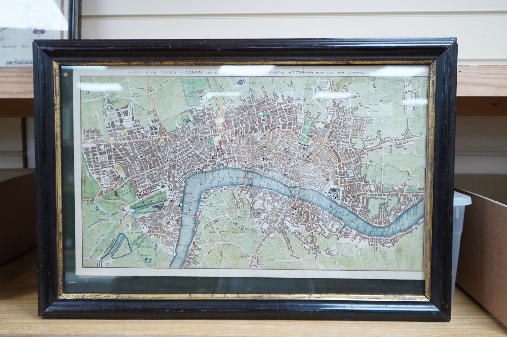 A framed folding coloured engraving of the map of London dated 1767, 31 x 51cm
